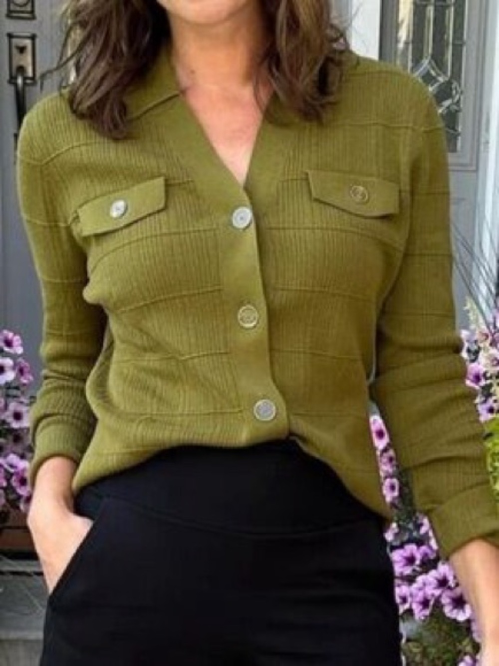 Olive Green Button-Up Ribbed Cardigan